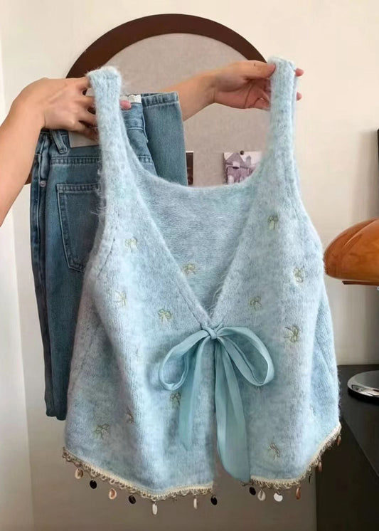 Women Blue Embroidered Butterfly Tassel Knit Waistcoat Sleeveless