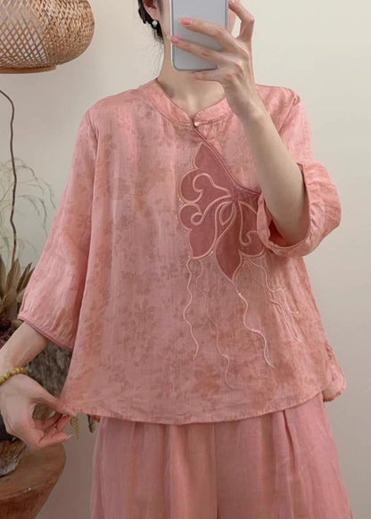 Women Blue Embroidered Sequins Linen Shirt Tops Summer