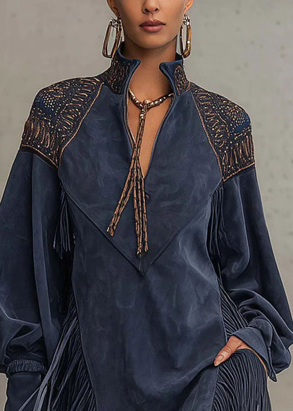 Women Blue Embroidered Tassel Faux Suede Dresses Fall