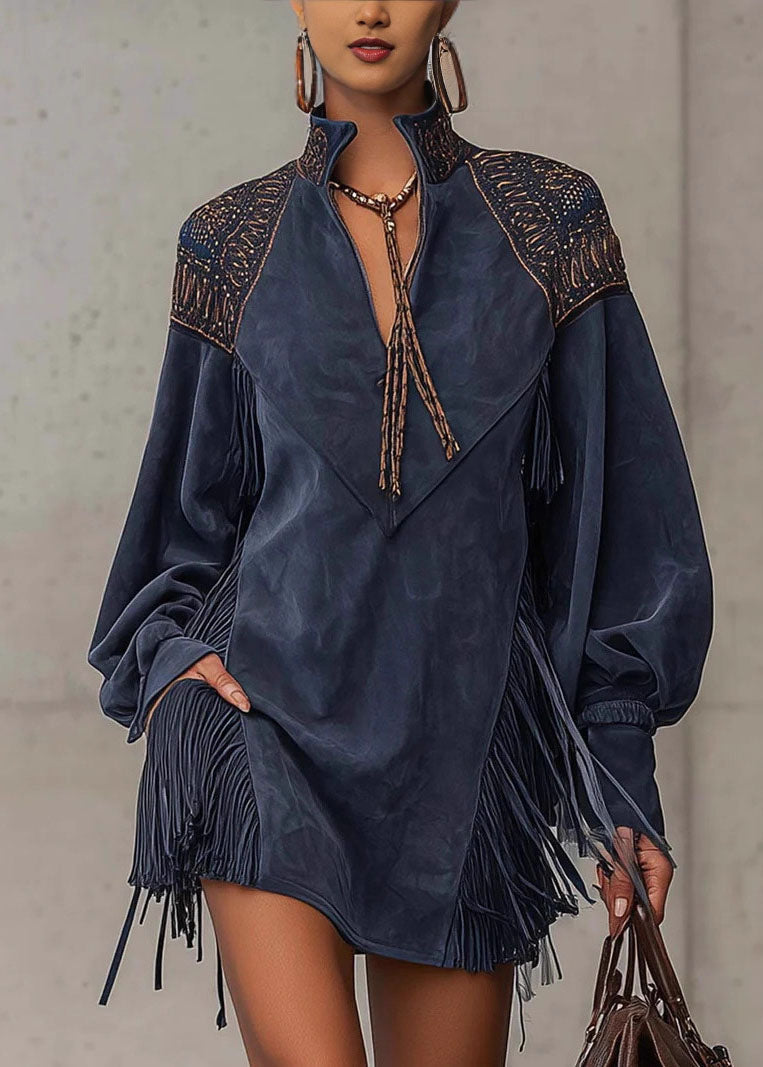 Women Blue Embroidered Tassel Faux Suede Dresses Fall
