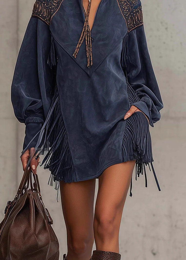 Women Blue Embroidered Tassel Faux Suede Dresses Fall