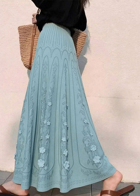 Women Blue Floral Elastic Waist A Line Skirts