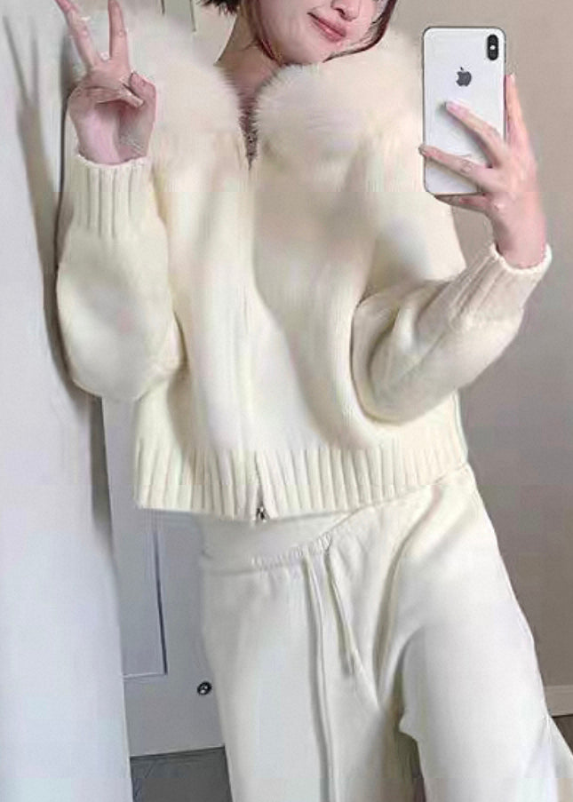 Women Blue Fur Collar Zippered Solid Knit Coats Winter