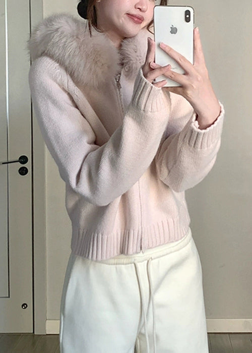 Women Blue Fur Collar Zippered Solid Knit Coats Winter