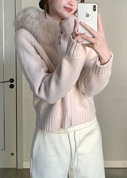 Women Blue Fur Collar Zippered Solid Knit Coats Winter