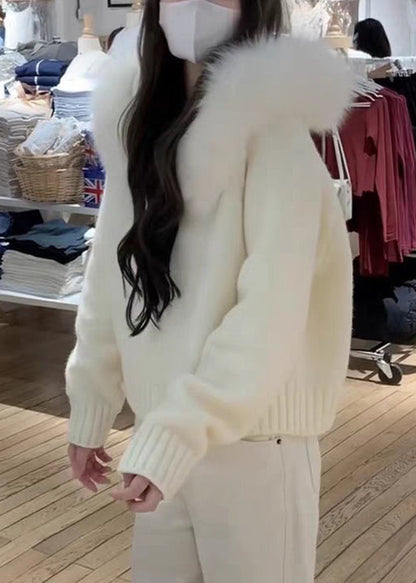 Women Blue Fur Collar Zippered Solid Knit Coats Winter