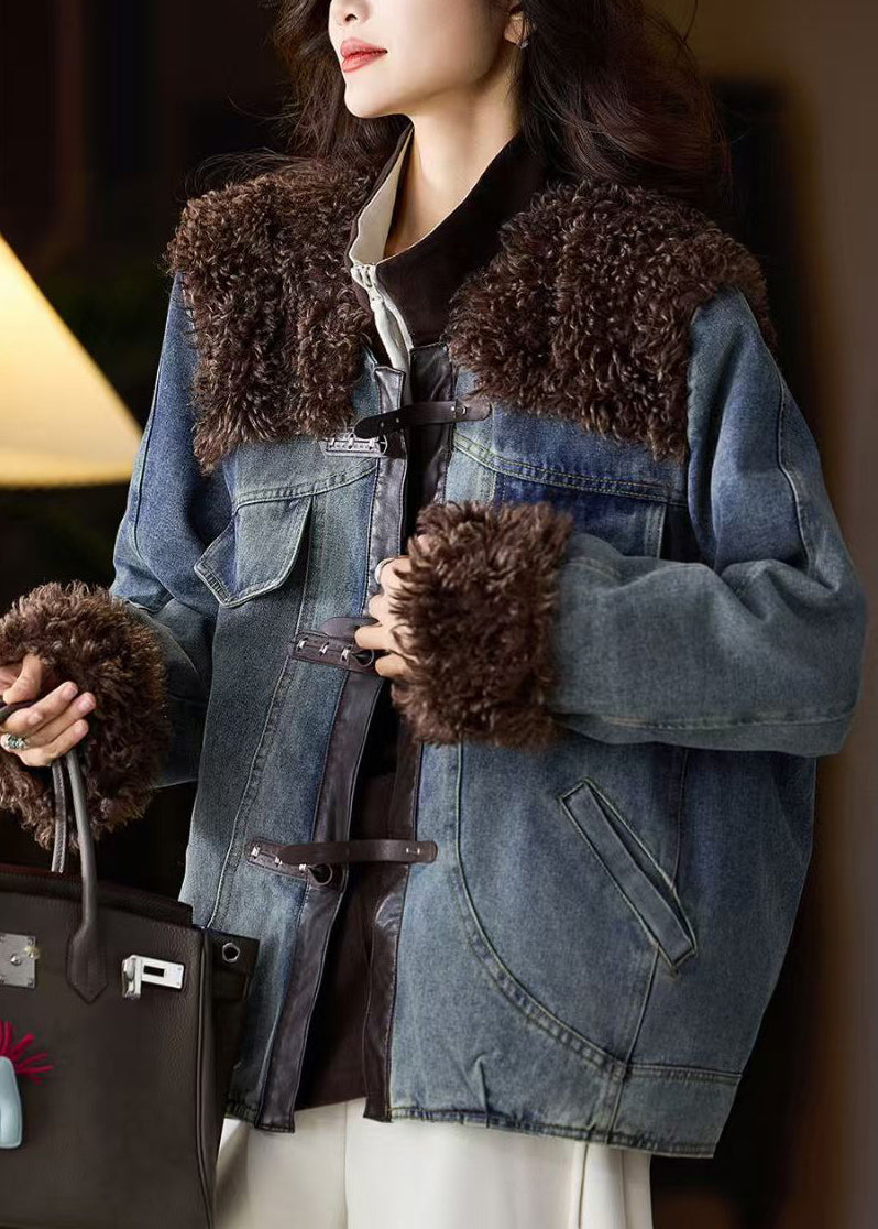 Women Blue Fur Patchwork Denim Fine Cotton Filled Jacket Winter