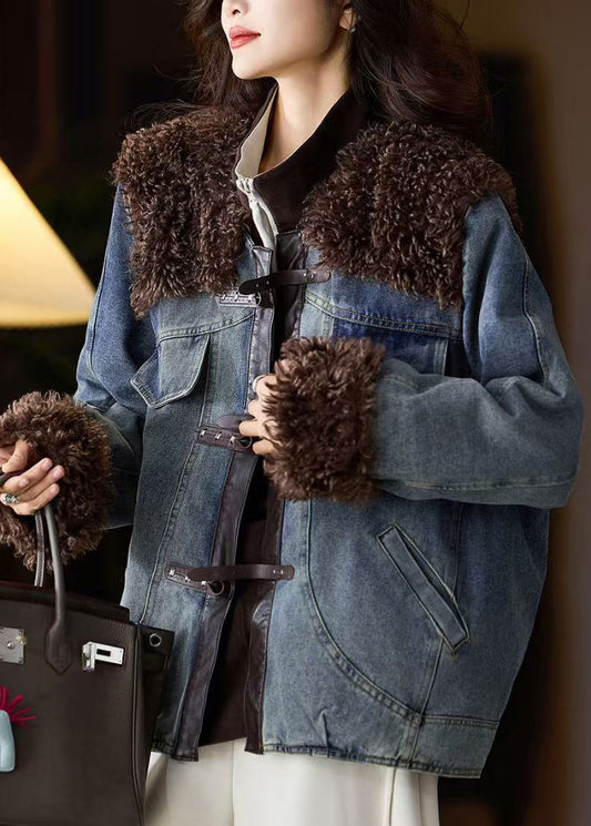 Women Blue Fur Patchwork Denim Fine Cotton Filled Jacket Winter