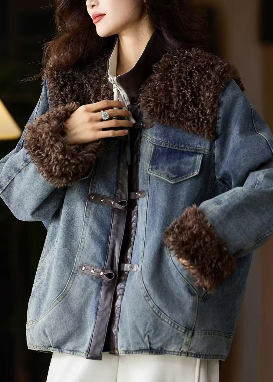 Women Blue Fur Patchwork Denim Fine Cotton Filled Jacket Winter
