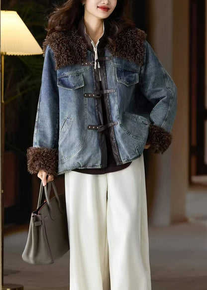 Women Blue Fur Patchwork Denim Fine Cotton Filled Jacket Winter