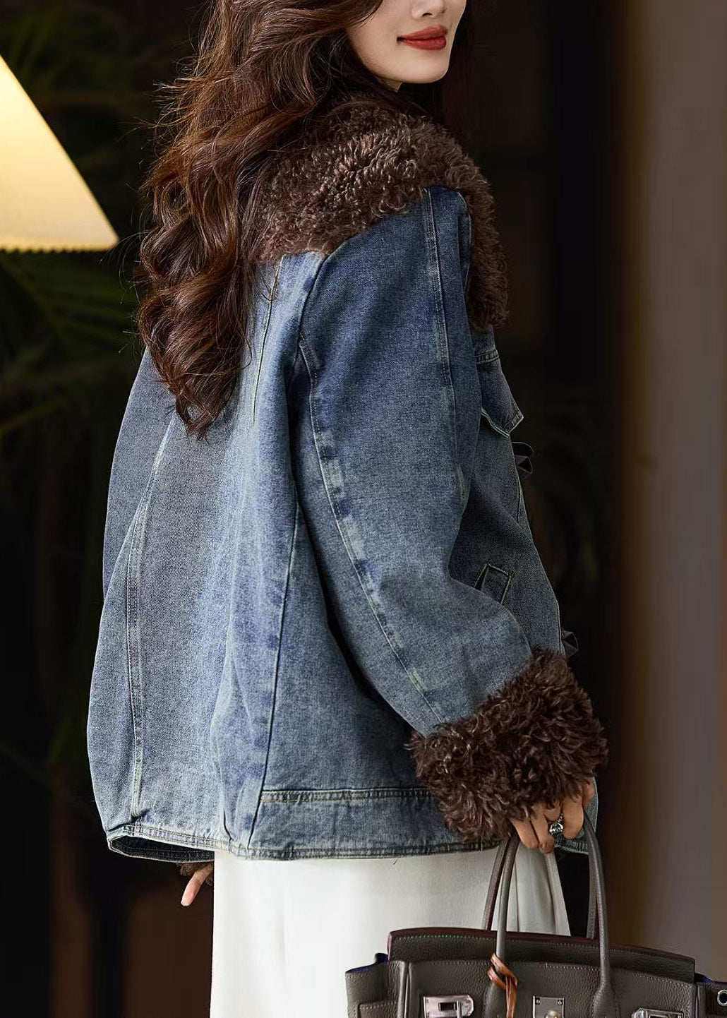 Women Blue Fur Patchwork Denim Fine Cotton Filled Jacket Winter