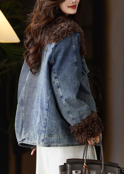 Women Blue Fur Patchwork Denim Fine Cotton Filled Jacket Winter