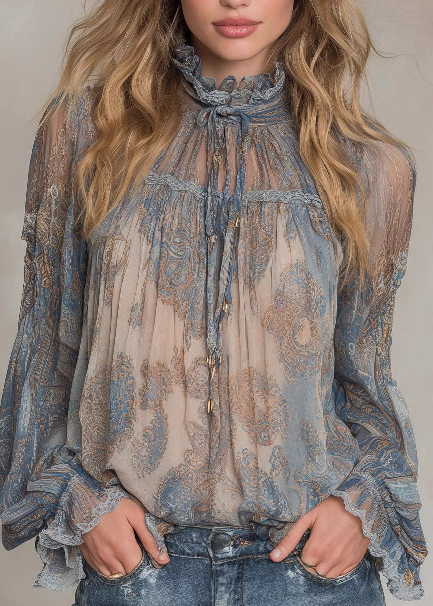 Women Blue High Neck Ruffled Print Chiffon Shirt Top Fall
