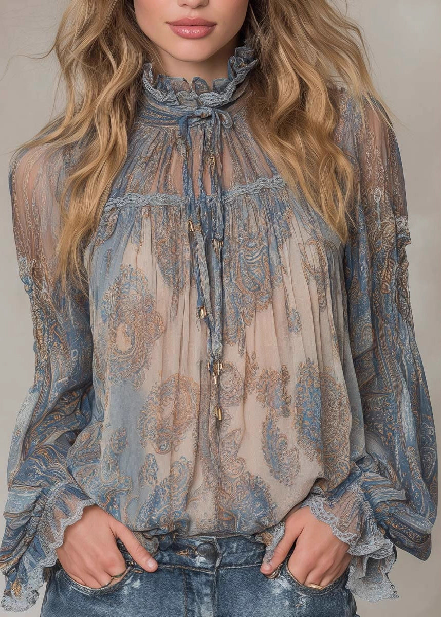 Women Blue High Neck Ruffled Print Chiffon Shirt Top Fall