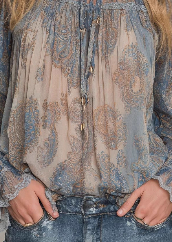 Women Blue High Neck Ruffled Print Chiffon Shirt Top Fall