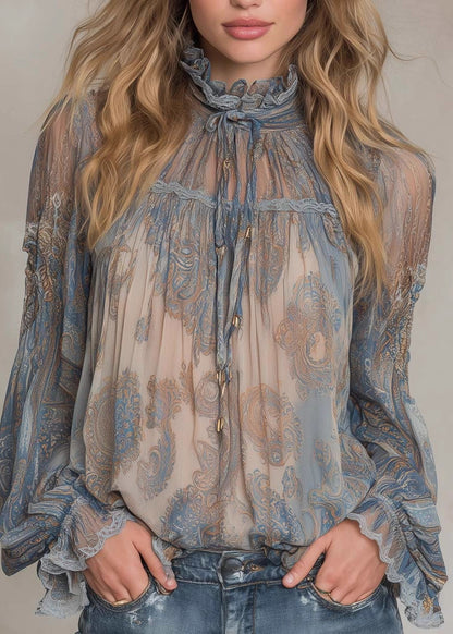 Women Blue High Neck Ruffled Print Chiffon Shirt Top Spring