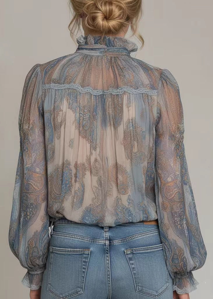 Women Blue High Neck Ruffled Print Chiffon Shirt Top Spring