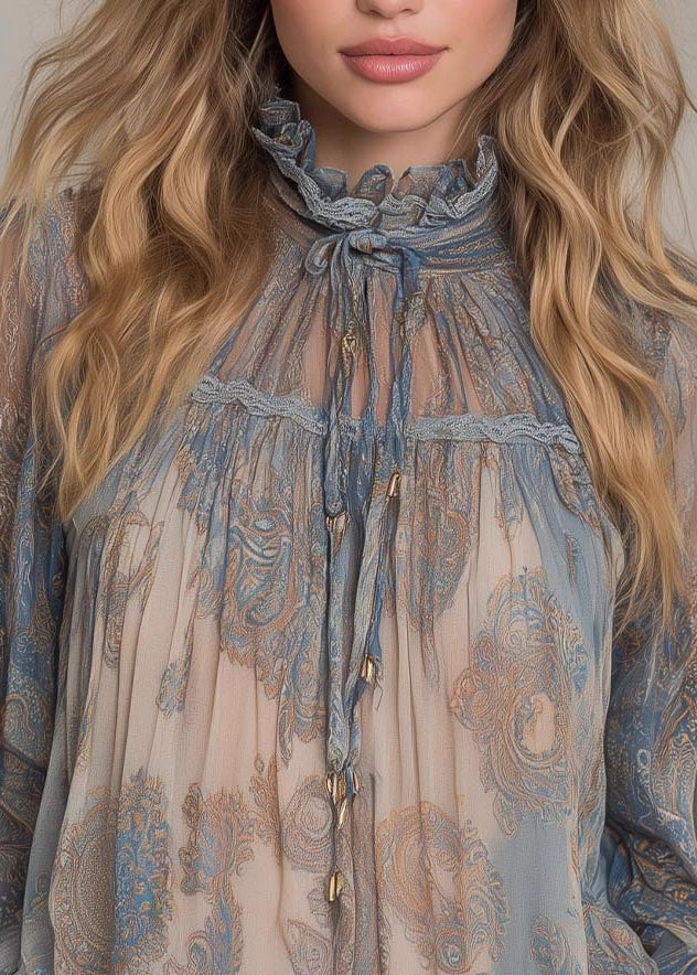 Women Blue High Neck Ruffled Print Chiffon Shirt Top Spring