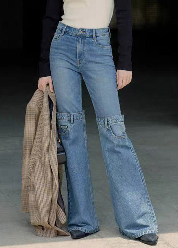 Women Blue High Waist Patchwork Flared Jeans Spring