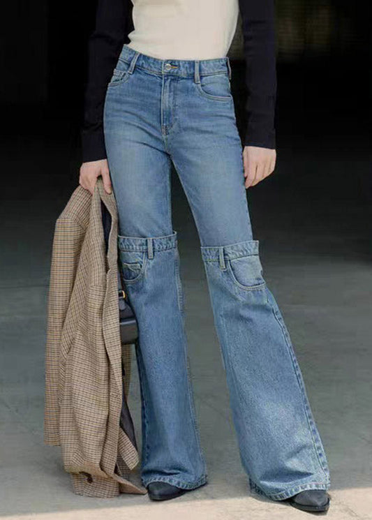 Women Blue High Waist Patchwork Flared Jeans Spring