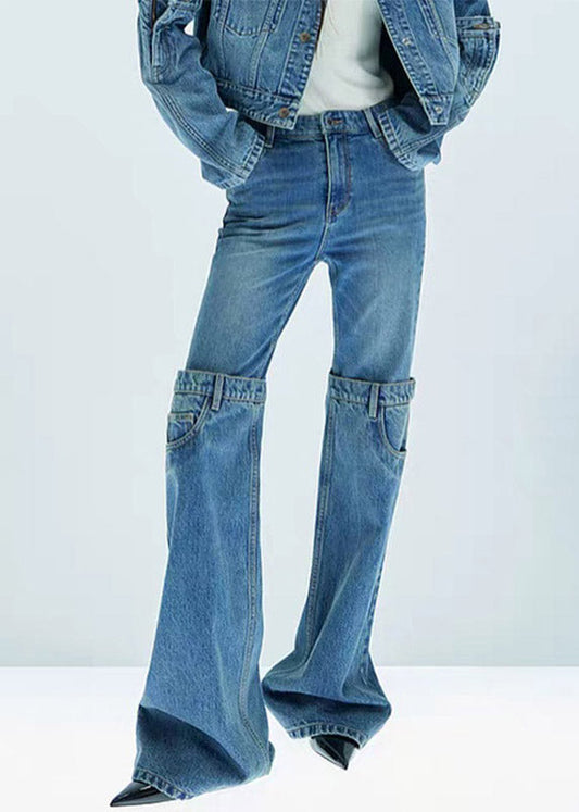 Women Blue High Waist Patchwork Flared Jeans Spring