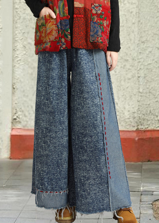 Women Blue High Waist Patchwork Wide Leg Jeans
