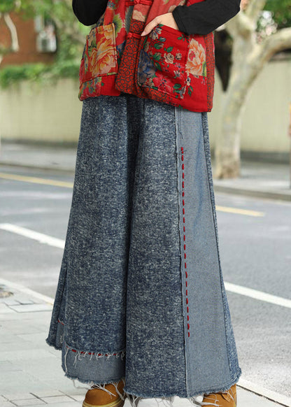 Women Blue High Waist Patchwork Wide Leg Jeans