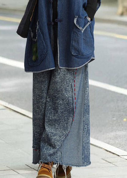 Women Blue High Waist Patchwork Wide Leg Jeans