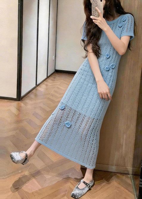 Women Blue Hollow Out Floral Knit Ankle Dress Summer