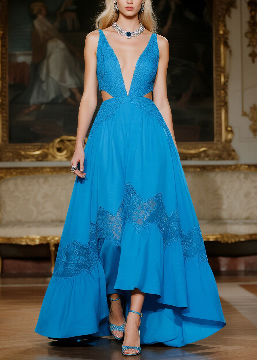 Women Blue Hollow Out Lace Patchwork Spaghetti Strap Dresses Summer