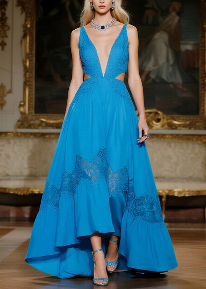 Women Blue Hollow Out Lace Patchwork Spaghetti Strap Dresses Summer
