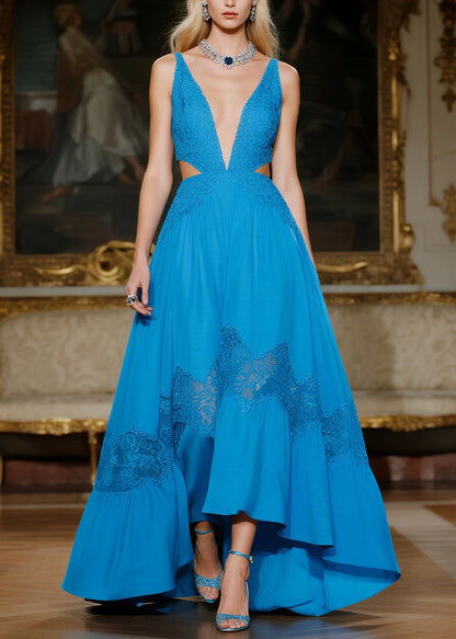 Women Blue Hollow Out Lace Patchwork Spaghetti Strap Dresses Summer