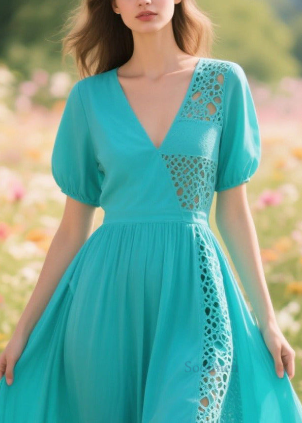 Women Blue Hollow Out Patchwork Cotton Long Dresses Summer