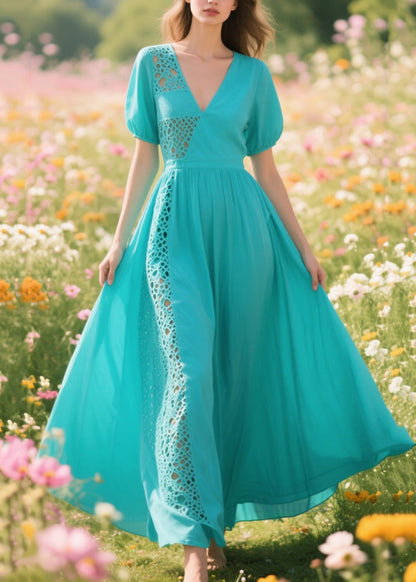 Women Blue Hollow Out Patchwork Cotton Long Dresses Summer