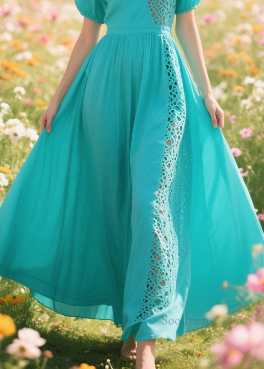 Women Blue Hollow Out Patchwork Cotton Long Dresses Summer