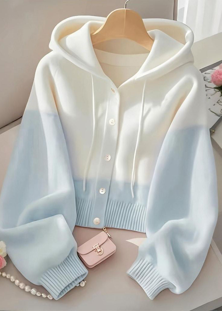 Women Blue Hooded Button Knit Coat Spring