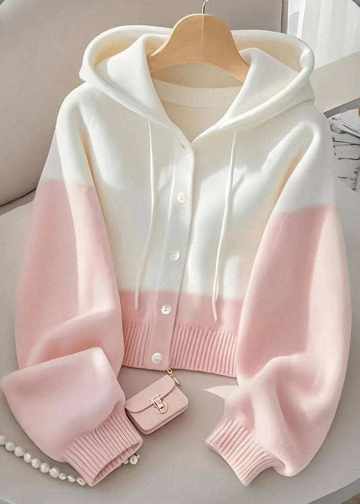 Women Blue Hooded Button Knit Coat Spring