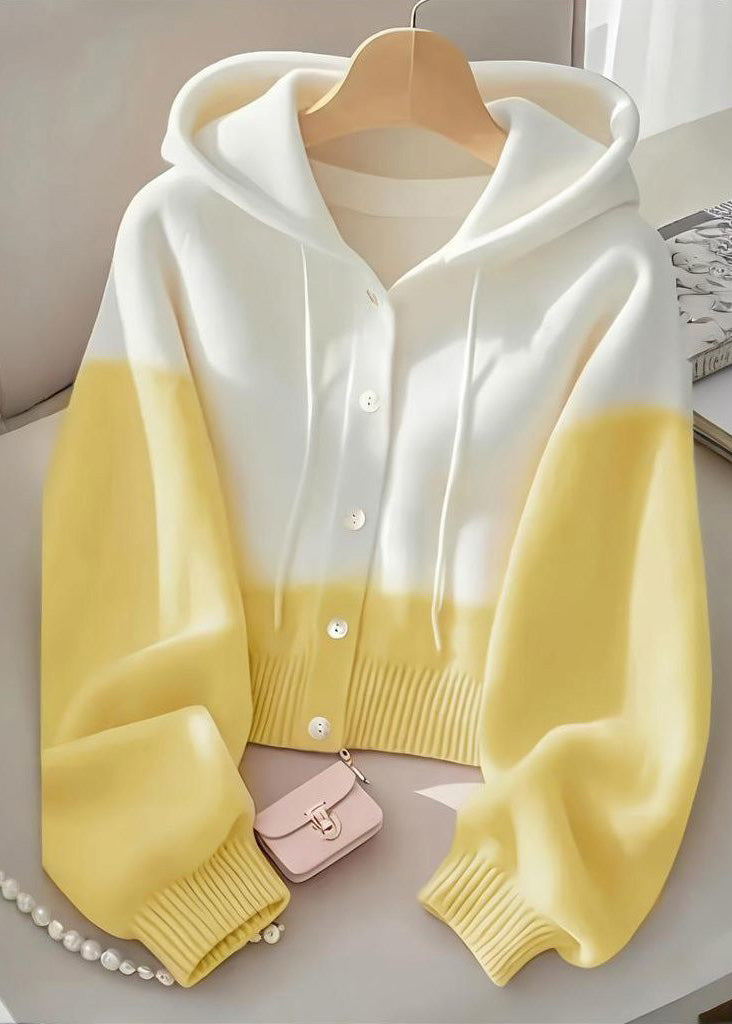 Women Blue Hooded Button Knit Coat Spring