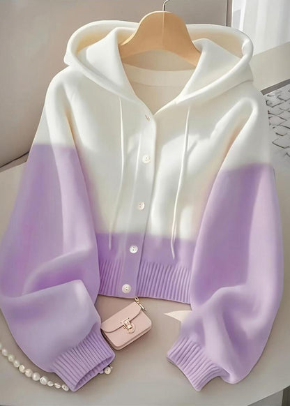 Women Blue Hooded Button Knit Coat Spring