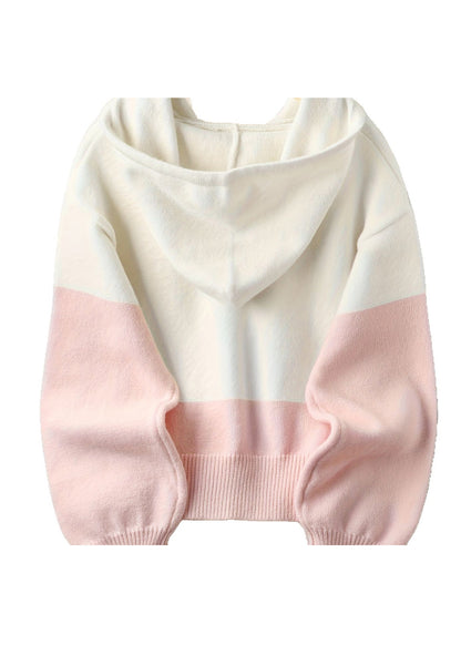 Women Blue Hooded Button Knit Coat Spring