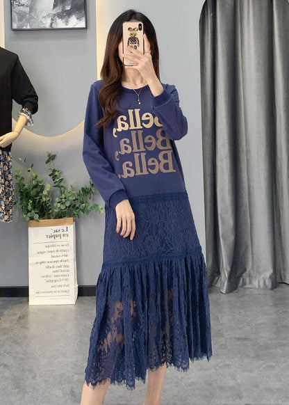 Women Blue Lace Patchwork Cotton Dress Spring