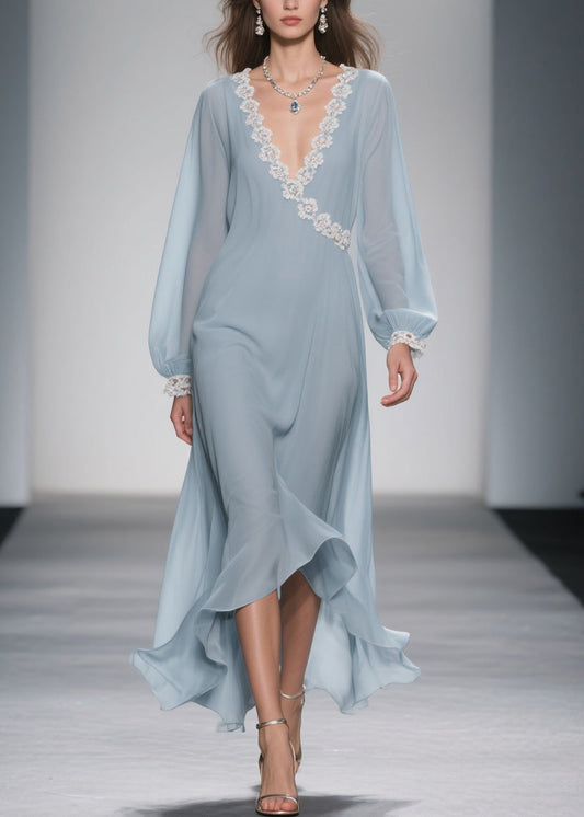 Women Blue Lace Solid Chiffon Long Dress Spring