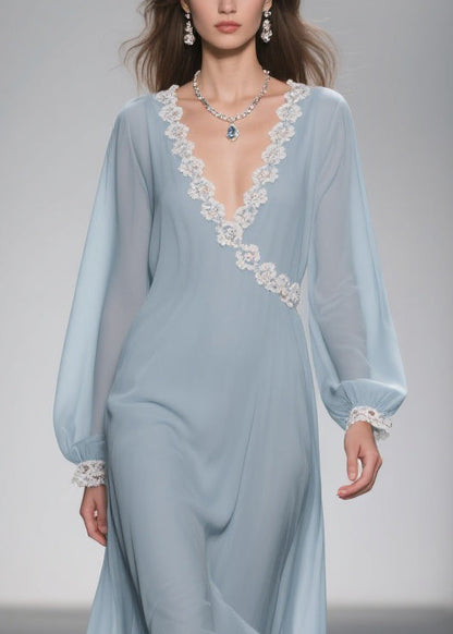 Women Blue Lace Solid Chiffon Long Dress Spring
