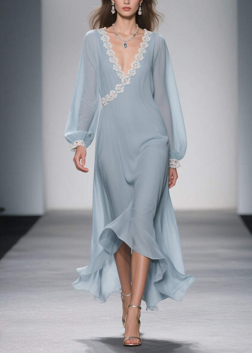 Women Blue Lace Solid Chiffon Long Dress Spring