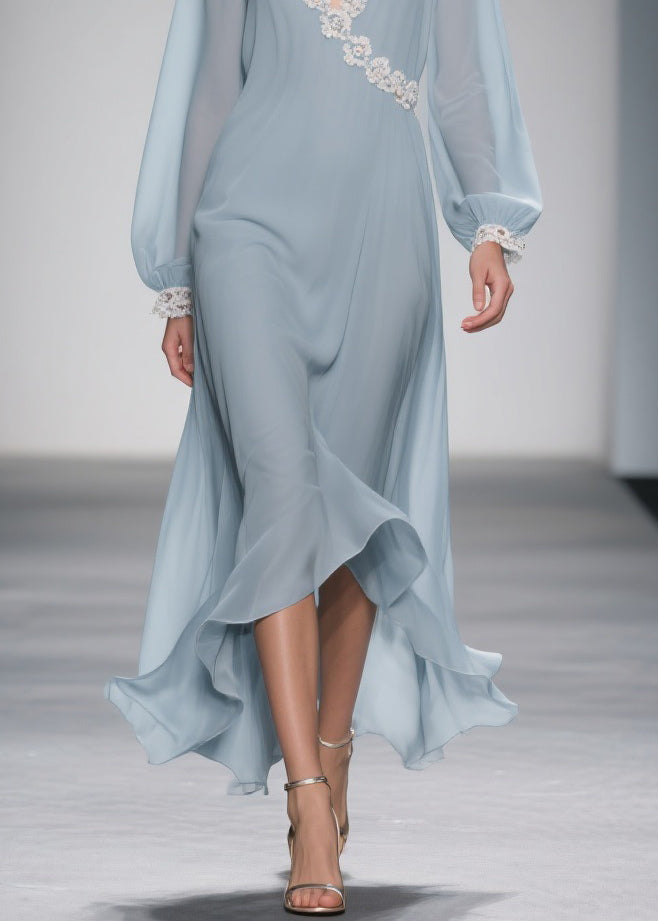 Women Blue Lace Solid Chiffon Long Dress Spring