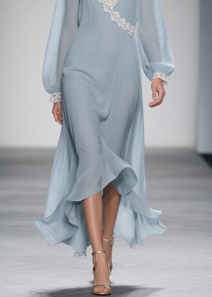 Women Blue Lace Solid Chiffon Long Dress Spring