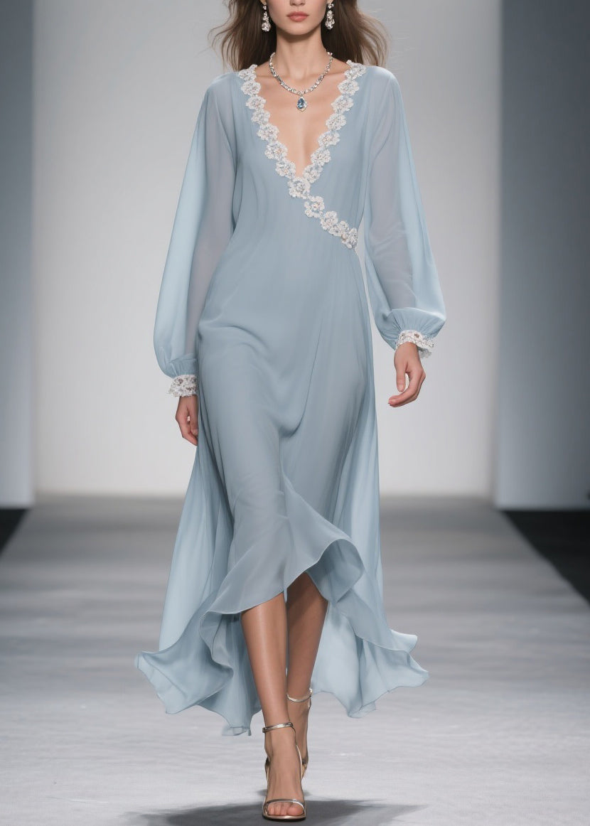 Women Blue Lace Solid Chiffon Long Dress Spring