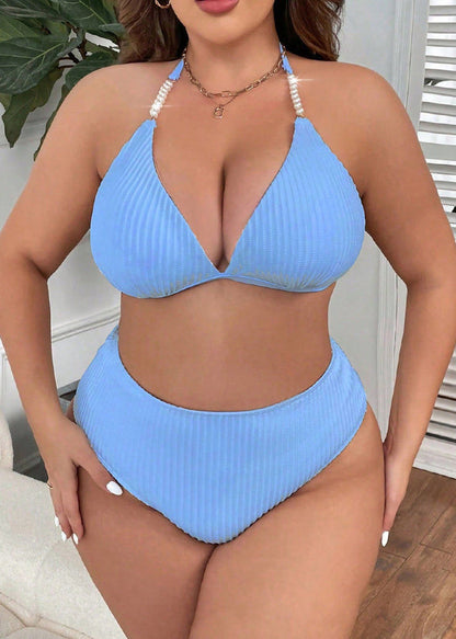 Women Blue Lace Up Plus Size Polyester Swimwear Set