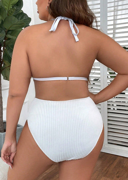 Women Blue Lace Up Plus Size Polyester Swimwear Set