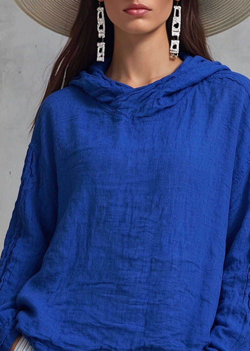 Women Blue Low High Design Solid Linen Hooded Shirts Winter